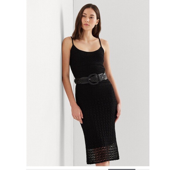 Ralph Lauren Women's Pointelle Knit Linen Blend Dress Black Size Medium NWT $225 - Picture 1 of 16